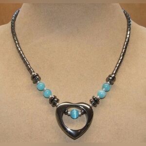 Vintage Hematite and Blue Cat’s Eye Heart Necklace